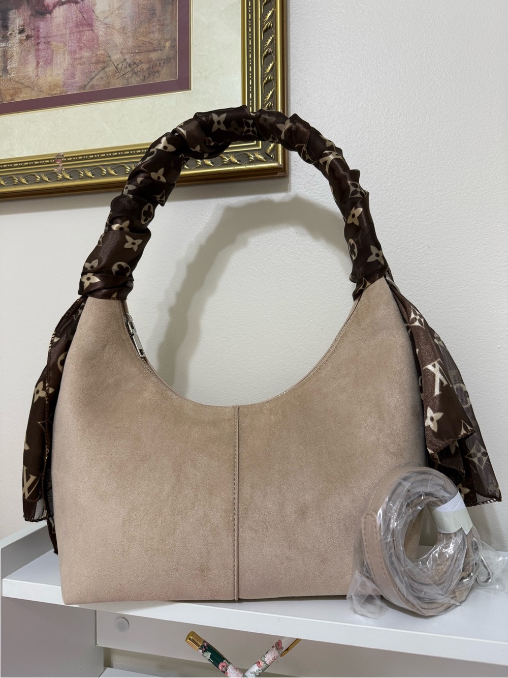 Suede Crescent Shoulder Bag in Beige